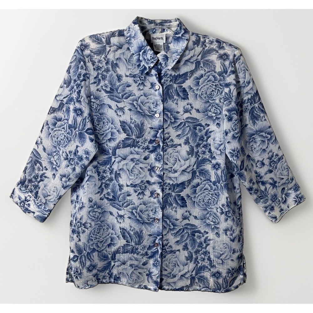 Bonworth Vintage 80's Blue Floral Metallic Sheer 3/4 Sleeve Blouse Women's Small